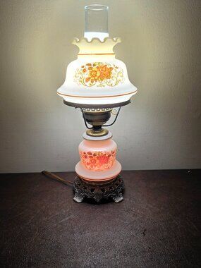 Vintage Quoizel Hurricane Table Lamp with a Floral Pattern and Metal Base